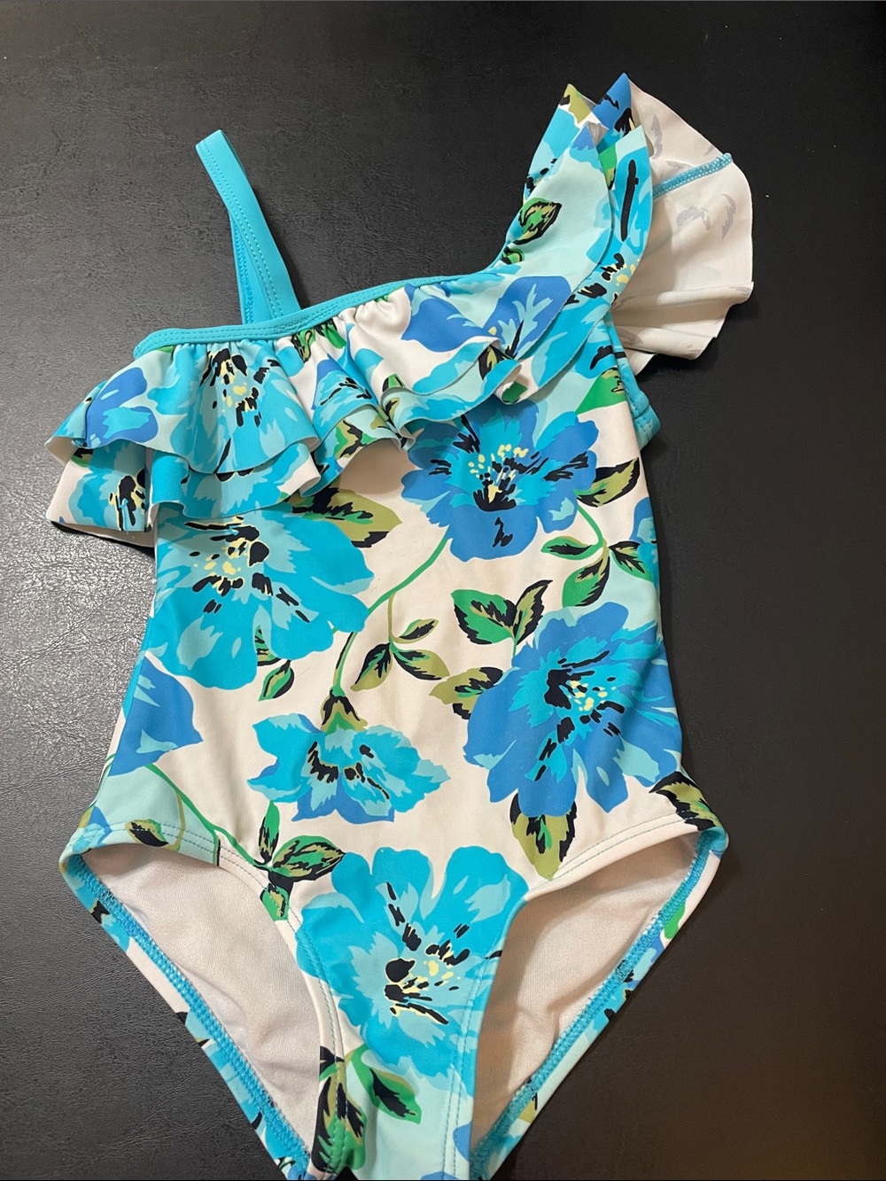Girls One-Shoulder Floral Ruffle Swimsuit - Blue Sz.4T used good condition